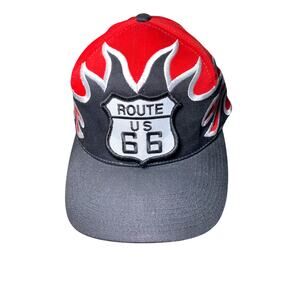 Vintage Route 66 Flame Snapback Hat Red Black Embroidered Biker Cap